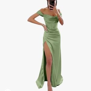 Sage Green Off-Shoulder Beaded Homecoming Dress with Sheer Corset Bodice